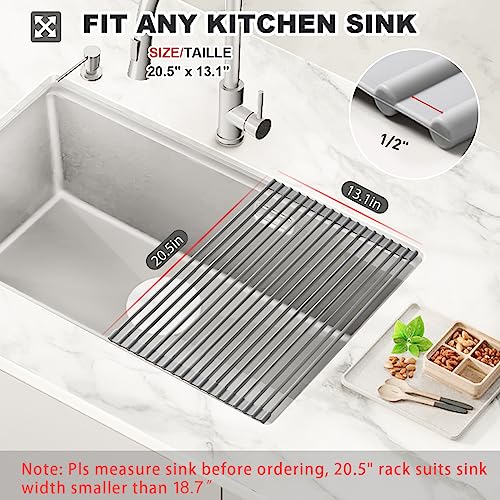 MERRYBOX Roll Up Dish Drying Rack, Over The Sink Dish Rack Foldable, Heat-Resistant, Anti-Slip Silicone Coated Dish Drainer for Kitchen Counter, Large & Multipurpose Sink Drying Rack, 20.5" x 13.1" - color: Rectangle-grey, size: Rectangle: 20.5" x 13.1"