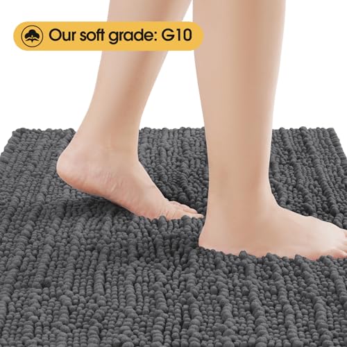 ACCUMTEK Upgrade Extra Large Grey Bathroom Rug Set 3 Pieces Gray Ultra Soft, Thick Absorbent Bath Mats, Non Slip Chenille Toilet Mat for Bathroom, Bedroom, Kitchen, Charcoal - color: Dark Gray, size: 48"x20"+24"x17"+U Shape24"x20"
