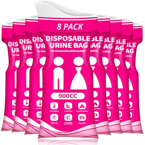 Disposable Urine Bag for Travel - 900ML Portable Pee Bags for Women Men 8/12/20/24/28 PCS Emergency Vomit Bags Urinal Toilet for Car Camping, Road Trip,Traffic Jam, Pregnant, Kid, Patient - color: Fuchsia, size: 9.1"x5.4"x1.8"(8-Pack)
