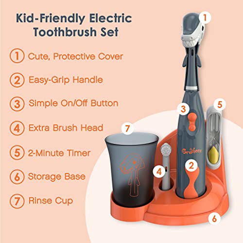 Brusheez Kids’ Electric Toothbrush Set - Safe & Effective for Ages 3+ - Parent Tested & Approved with Gentle Bristles, 2 Brush Heads, Rinse Cup, 2-Minute Timer, & Storage Base (Shadow the Shark) - color: Blue, White