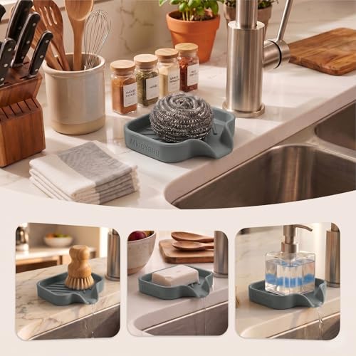 MicoYang Silicone Soap Dish with Drain Spout, Self-Draining Sink Organizer Tray for Bathroom and Kitchen, Sponges, Dispensers and Soap Holder, Non-Slip and Dishwasher Safe, Grey (Compact, 4.9"×3.2") - color: Grey, size: S(4.9"×3.2")