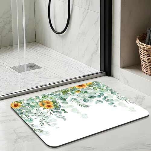 Quick Dry Bath Mat for Bathroom,Super Absorbent Green Eucalyptus Leaves Bath Rug Non-Slip Rubber Backing,Machine Washable Bathroom Floor Mat for Shower, Tub, Sink Area Sunflower Watercolor 30x20 - color: Green Leaves, size: 1'8" x 2'6" (Rectangular)