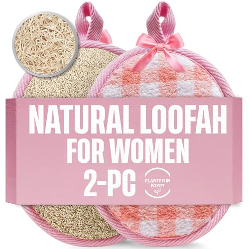 SERRENTO Loofah Women Body Scrub - Luffa Bath Pads, Pink & Beige, 2 Count - color: Pink and Beige