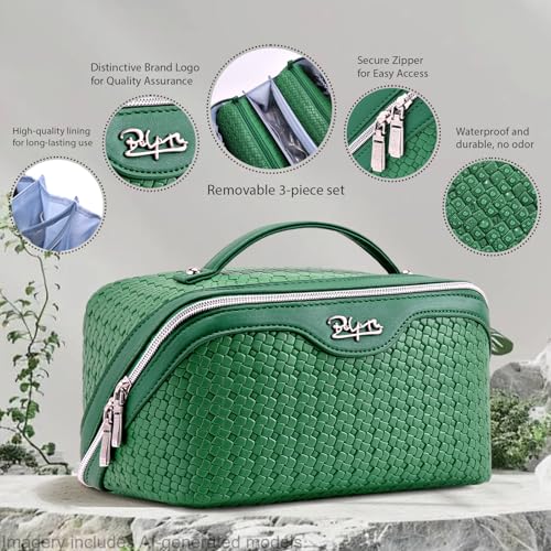 BOYATU Travel Makeup Bag Cosmetic Bags for Women: Large Capacity 3 Pcs Set Make up Bag with Compartments - Waterproof Vegan Leather Toiletry Organizer Bags with Handle (L38 Green) - color: L38 Green