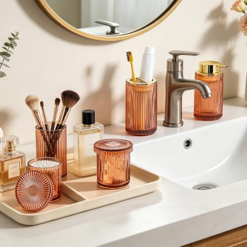 4pcs Glass Bathroom Accessories Set, Foaming Soap Dispenser, Toothbrush Holder and Cotton Swab Jar for Bathroom Counter Organizer Essentials, Vintage Ribbed Bathroom Decor, Brown - color: Brown