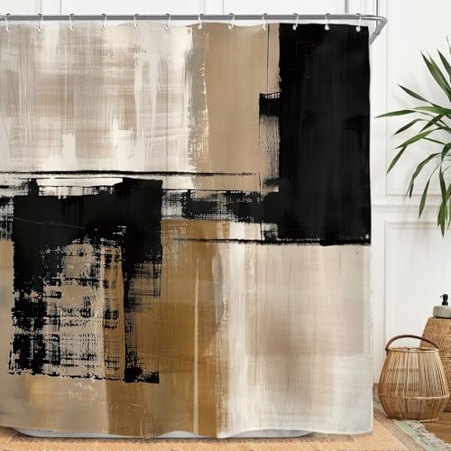 Miyotaa Abstract Minimalist Modern Shower Curtain Set 71Wx84H Inches Extra Long Black Tan Neutral Contemporary Brushstroke Art Waterproof Bathroom Curtain with 12 Hooks - color: Black Tan, size: 71"W x 84"L (Pack of 1)