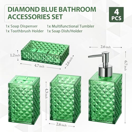 RYTOXILO Green Bathroom Accessories Set, 4 Pack Green Bath Accessory Sets Complete, Acrylic Soap Dispenser and Toothbrush Holder Set for Bathroom Counter Sink, Modern Bathroom Decor - color: Green