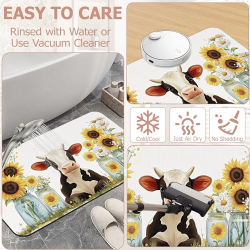 Cute Cow Bath Mat, SunflowersDaisie Diatomaceous Earth Bath Mat,Rubber Backing Quick Dry Absorbent Washable Bathroom Rugs for Tub Non Slip 17"x29.5" - color: Cute Cow,sunflowersdaisie