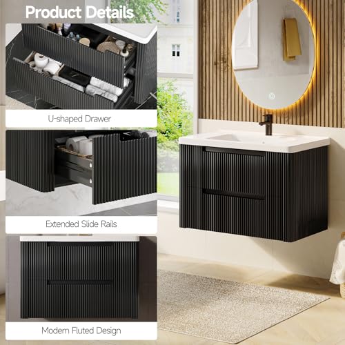 ONBRILL Modern Bathroom Vanity with Sink Combo, Curved Floating Bath Vanity with 2 Drawers, Wall Mount Bathroom Vanities with Integrated Ceramic Sink for Small Space, Apartment (Black, 32“) - color: Black, size: 32“