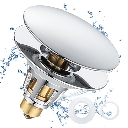 Universal Bathroom Sink Stopper, 1.1~1.5" Sink Drain Stopper, Full Size Bounce Bullet Type Pop Up Basin Drain Strainer, Chrome Anti-Clogging Sink Drain Filter with Hair Catcher (Silver) - color: Chrome, style: Large Lid