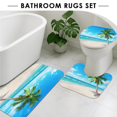 ArtSocket Beautiful Beach Bathroom Set with Shower Curtain and Rugs Accessories, Coconut Palm Paradise Summer Island Tropical Tropical Shower Curtain for Bathroom Decor 4 Pcs - color: Landscape Sand Blue Sea