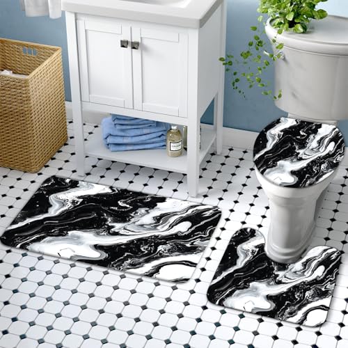 Lnond 4Pcs Marble Bathroom Sets with Shower Curtain and Rugs, Black Marble Modern Art Bathroom Shower Curtain Sets with Rugs and Accessories - color: Black Marble