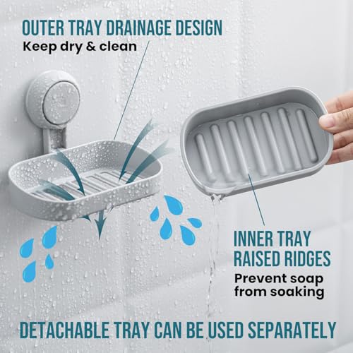 TAILI Soap Holder Soap Dish for Shower, Suction Cup Soap Holder for Shower Wall, Bathroom Accessories, Removable Strong Hold Soap Saver, Drill Free, Grey - color: Grey, size: 1 Tier