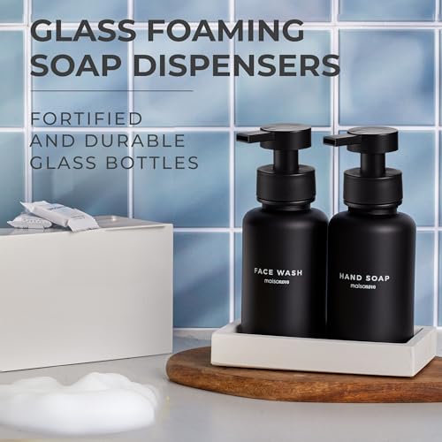 MaisoNovo Glass Foaming Soap Dispenser 14 Oz | Glass Bottles Pumps x 2 Black with Tray - color: Black Bottles/Black Plastic Pumps/Ceramic Tray