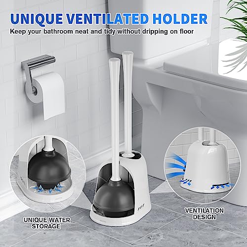 LOVLOY Toilet Plunger and Brush, Bowl Brush and Heavy Duty Toilet Plunger Set with Ventilated Holder, 2-in-1 Toilet Brush and Plunger Combo for 5.3-inch Toilet Drain Bathroom Cleaning (White) - color: White