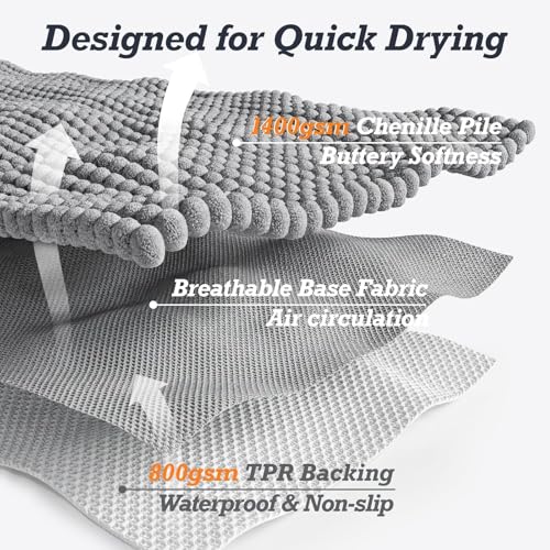 HUXMEYSON Bathroom Rugs Sets 2 Piece, Ultra Absorbent Chenille Non Slip Bathroom Mat Set - 20'' x 24'' U-Shaped Contour Toilet Rug & 20'' x 32'' Extra Soft Plush Bath Mat - Machine Washable, Grey - color: Grey, size: 32" x 20" + U Shape 24" x 20"