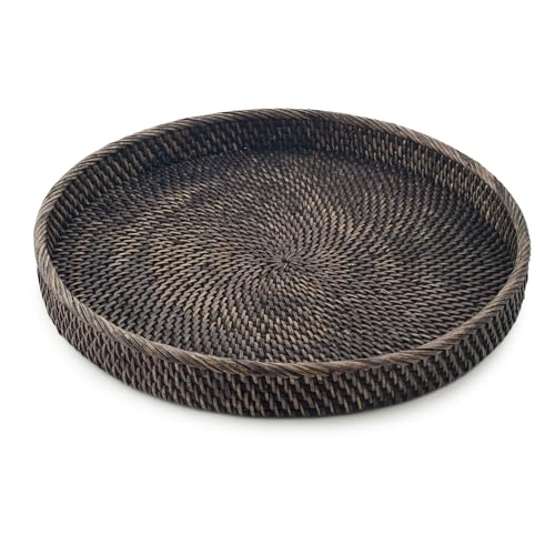 Round Rattan Tray 16" — Hand-Woven Wicker Tray for Home Decor (Blackwash) - color: Blackwash, size: 16"