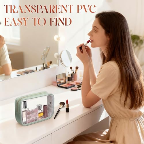 Abbylike 6 Pcs Clear Makeup Bags Bulk PU Leather Cosmetic Pouches Transparent Toiletry Bags with Zipper Waterproof Purse Skincare Car Organizer for Girl Women Travel Gifts(Mint Green) - color: Mint Green