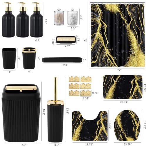 21PCS Bathroom Sets with Shower Curtain and Rugs Bathroom Accessories Set Black Bathroom Set Complete with Trash Can, Toilet Brush, Qtip Holder & 3PCS Soap Dispenser - size: Bath Set+Marble Shower Curtain+Rugs, style: Black