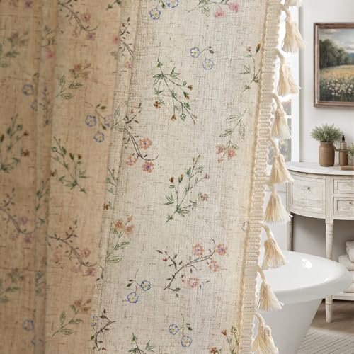 Floral Farmhouse Vintage Linen Shower Curtain, French Country Spring Shower Curtains for Bathroom with Tassels, 72Wx72H - color: Linen - Muted Garden Tassel Edge, size: Standard 72"W x 72"L