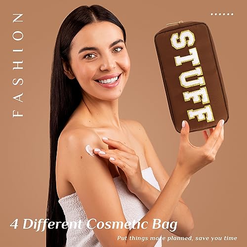 Preppy Makeup Bags Chenille Letter Stuff Bag Nylon Cosmetic Pouch Cases with Zipper for Women Travel Toiletry(Brown Set,Classic,4 Pcs) - color: Brown Set, size: Classic