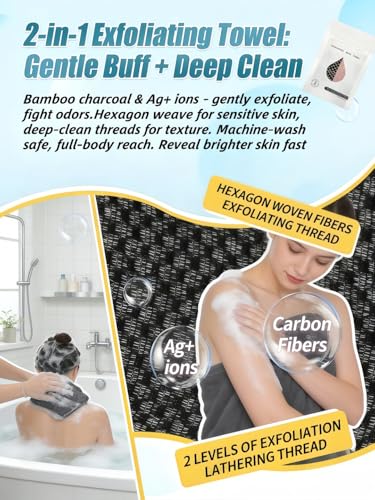 Exfoliating Shower Towel 40",Premium Scrub Wash Cloth for Body Face, Exfoliating Washcloth for Men and Woman(Black+Pink)