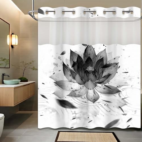 Black and White Lotus Hookless Shower Curtain with Liner, 71"x74" | Zen Spa Design, No Hook Ringless, Snap in Liner, Window, Waterproof Cloth Fabric - color: Ink Water, size: 71"W x 74"L (Pack of 1)
