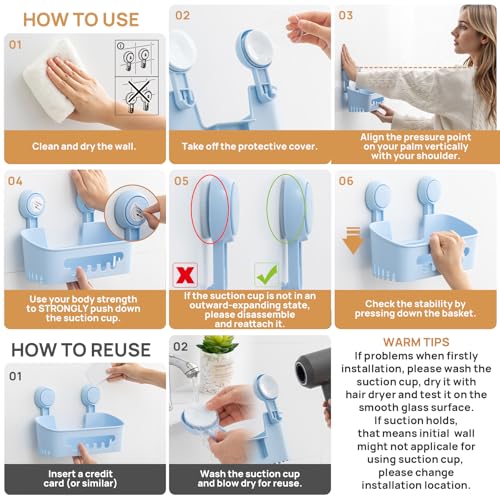LEVERLOC Shower Caddy Suction Cup Set Shower Organizer & Soap Holder & Toothbrush Holder, Bathroom Shelf Basket NO-Drilling, Removable Suction Storage Waterproof Bathroom Holder, Blue - color: 3 × Blue