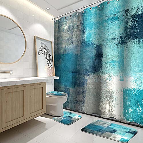 Lnond 4Pcs Bathroom Shower Curtain Sets with Rugs,Turquoise Abstract Painting Bathroom Sets with Shower Curtain and Rugs and Accessories - color: Teal-01