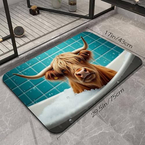 Funny Highland Cow Bathroom Rugs, Fast-Absorbing Bath Mat, Quick-Dry Non-Slip Thin Rug for Bathroom Floor Kitchen 17"x30" - color: Funny Highland Cow