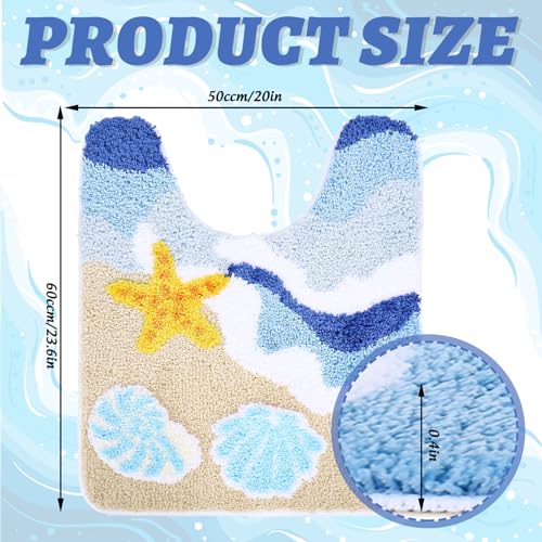 Whaline Summer U Shaped Toilet Mat Bath Rug Absorbent Ocean Wave Beach Seashell Starfish Bathroom Mat for Summer Coastal Toilet Base Bathroom Floor, 19.7 x 23.6 Inch
