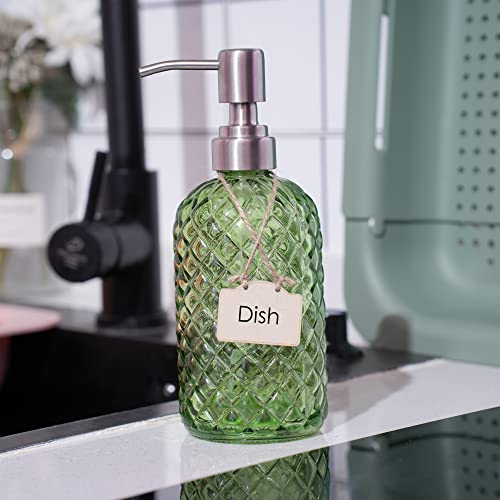 16 oz Diamond Pattern Glass Soap Dispenser, Kitchen and Bathroom Refillable Soap Dispenser with Rust Resistant Stainless Steel Pump for Hand Soap, Lotion Glass Liquid Dispenser(Green) - color: Green