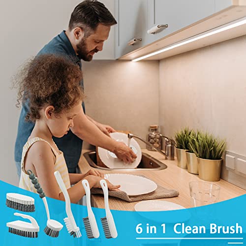 6 PCS Cleaning Brush, Scrub Brush Set for Kitchen and Bathroom Household Use with Various Brushes for Cleaning Dishes, Tiles, Corners and Floors - color: Gray