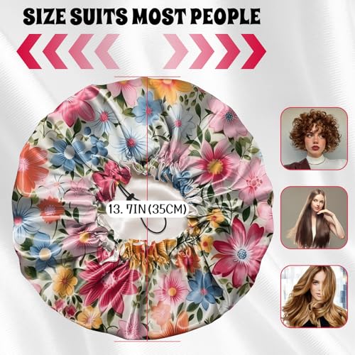 Luxury Shower Cap Satin Lined Reusable Waterproof Double Layer Elastic Adjustable Hair Bath Cap Cute Aesthetic Women Girls-Flowers - color: F12-Flowers