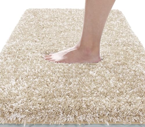 Yimobra Fluffy Plush Bath Rug, Shaggy Soft Comfortable Non Slip, Water Absorbent Microfiber Bath Mat, Dry Quick, Machine Washable Thick Bathroom Floor Rugs for Shower, 44" X 24", Light Beige and White - color: Light Beige and White, size: 44" X 24"