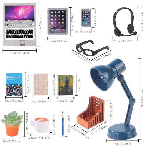 DIYDEC 17pcs Dollhouse Laptop Accessories 1:12 Scale Miniature Laptop Computer Tablet Phone Book Coffee Headset Pen Tiny Stuff Doll House Miniatures Play Figurines Accessories - color: Dollhouse Laptop Set