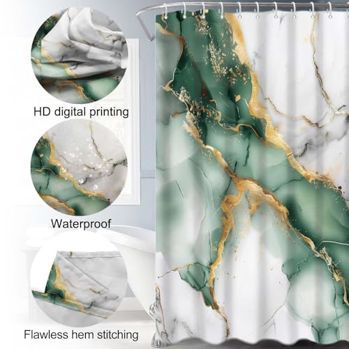 Lnond 4Pcs Bathroom Sets with Shower Curtain and Rugs, Marble Bathroom Shower Curtain Sets, Green Grey Gold Modern Art Bathroom Sets with Rugs and Accessories - color: Green Grey Gold Marble