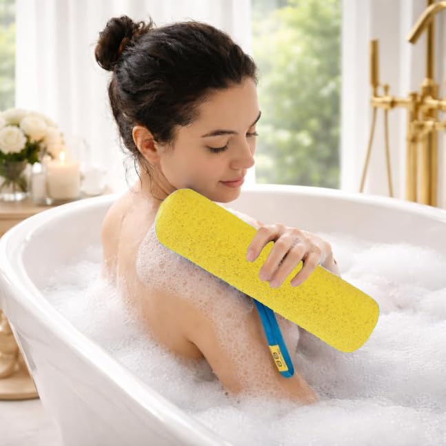 Back Scrubber for Shower - Beautiful Bod Patented 13-Inch Exfoliating Loofah with Built-in Handle, Easily Reaches Entire Back, Full Body Shower Scrubber for Back Washing, Exfoliation & Skin Smoothing - color: Sunshine Yellow