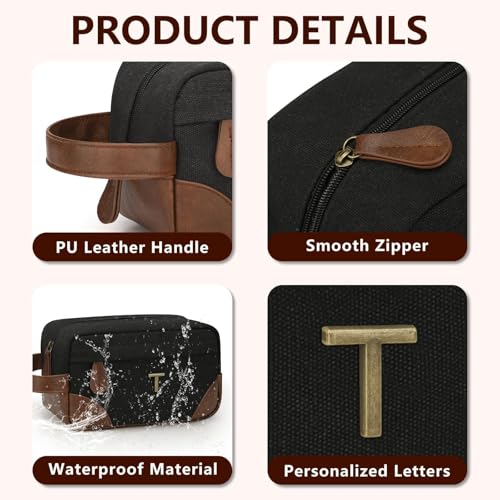 Personalized Toiletry Bag for Men - Initial Custom Travel Dopp Kit, Waterproof Shaving Bag with Large Capacity for Travel Essentials, Birthday Gifts for Him Dad Husband Boyfriend (T) - style: T