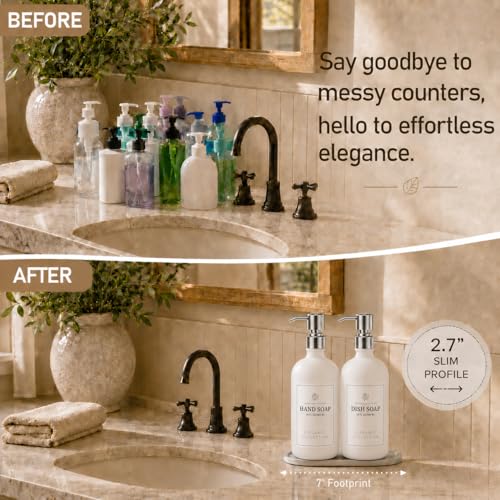 Fachixy White Glass Soap Dispenser (2 Pack), 16 Fl Oz Hand & Dish Soap Dispenser Bottles Set with Rust-Resistant Stainless Steel Pump, Non-Slip Pad, 14 Waterproof Labels for Kitchen and Bathroom - color: Off-white