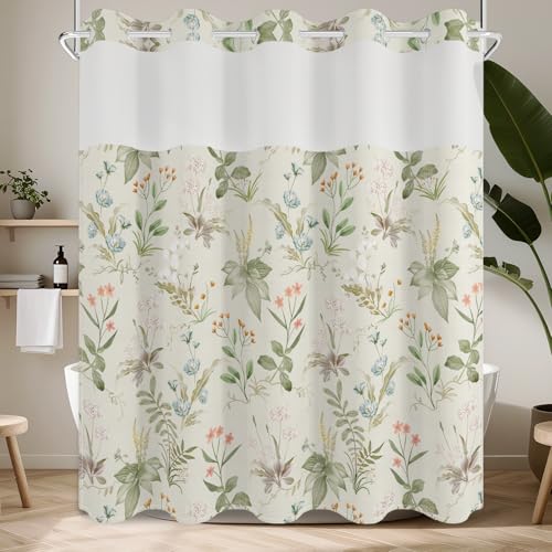 No Hook Shower Curtain with Snap in Fabric Liner Set, Waterproof & Washable, Boho Green Floral Shower Curtains for Bathroom, Farmhouse Cottage Core Decorative Patterned Bathroom Curtain, 71x74 inch - color: Green Botanical Floral