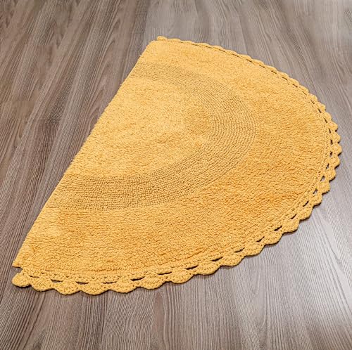 Half Circle Bohemian Bathroom Rug with Handwoven Chrochet Border, Beautifully Handcrafted 100% Cotton Mat - 22x42", Round Boho Bedroom Rug, Boho Bathroom Décor, Machine Washable - Honey Mustard - color: Mustard, size: 1'10" x 3'6" (Semicircular)