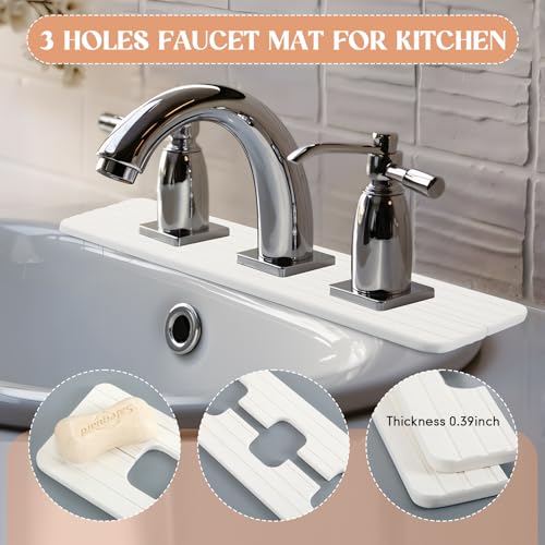 Teenyyou 3 Square Hole White Faucet Mat for Kitchen Sink Bathroom 16.14" x 4.49" Kitchen Faucet Absorbent Mat Diatomite Splash Guard Quick Drying Stone Drip Catcher Hole 1.97" Holes Spaced About 1.97" - color: White, style: 3 Square Hole
