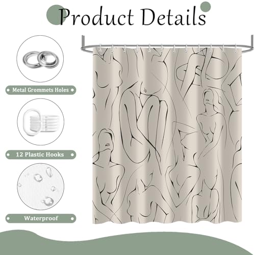 Female Body Shower Curtain, Abstract Line Texture Boho Bath Curtain Decor for Women, Polyester Fabric Waterproof Bathroom Decoration Accessory Set with 12 Hooks 72x72 inch - color: Beige, size: 72"W x 72"L (Pack of 1)
