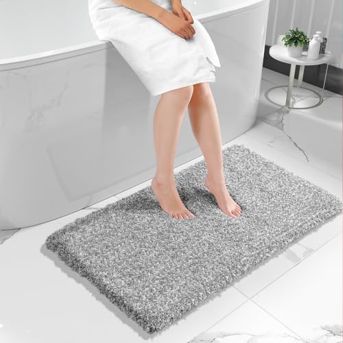 Yimobra Long Bathroom Rug 47" X 24", Super Absorbent Bath Mat, Quick Dry, Luxury Non-Slip Bath Rugs for Tub Side, Double Sink Vanity, Machine Washable, Home Decor Accessories, Light Gray and White - color: Light Gray and White, size: 47" X 24"