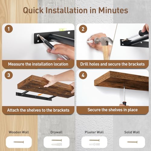 RALGEND Floating Shelves for Wall, 1.5" Thick Wall Shelf Set of 3 with Invisible Brackets, 15.7L x 7.9W Hanging Shelves Farmhouse Home Decor for Bathroom, Living Room, Bedroom, Rustic Brown 4301BJP3BF - color: Rustic Brown, size: 15.7 Inches