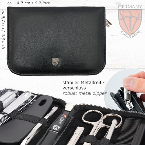 3 Swords Germany - brand quality 10 piece manicure pedicure grooming kit set for professional finger & toe nail care tweezers file clipper fashion leather case in gift box, Made by 3 Swords (02570 ) - color: BLACK