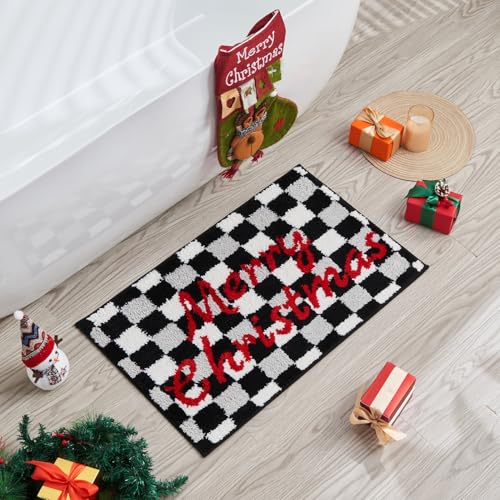 Douceur Merry Christmas Checkered Bathroom Rugs, Cute Black and White Checkerboard Bath Mat Non Slip, Soft and Absorbent Washable Bath Rugs, 24"X16" - color: Christmas Checkered-black, size: 1'4" x 2' (Rectangular)