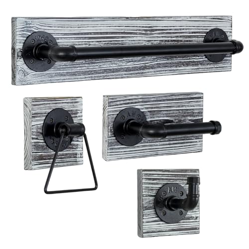 MyGift 4 Piece Wall Mounted Bathroom Hardware Set, Rustic Torched Wood and Industrial Matte Black Metal Pipe Towel Ring, Robe Hook, Toilet Paper Holder and Towel Bar - color: Torched Wood