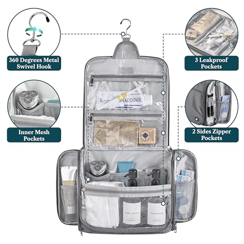 PAVILIA Large Hanging Toiletry Bag for Women Men, Travel Cosmetic Organizer with 10 Compartments, Swivel Hook and 3 Leakproof Pockets, Water Resistant Makeup Case, Packs Flat, Black - color: Grey